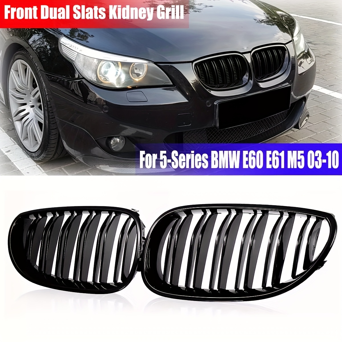 

1 Paire de Grilles de Calandre pour BMW Série 5, Double Lame ABS de Capot pour E60 E61 M5 520i 2003-2010, Grille de Remplacement de Style Racing avec Polie