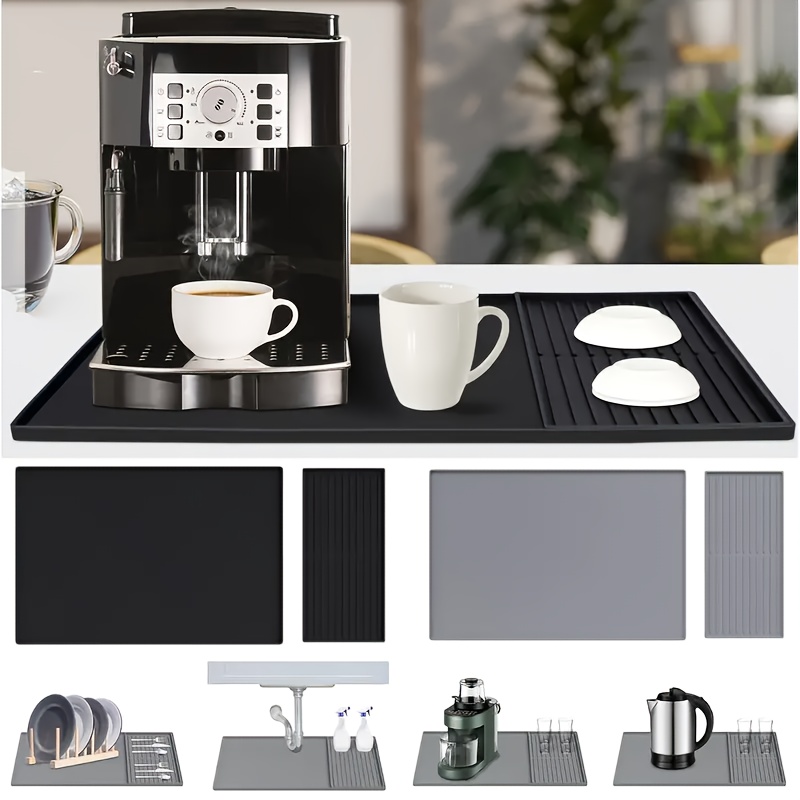 A 2-In-1 Silicone Coffee Mat with Raised Edges, Measuring 59.94cm X 39.88cm, Designed to Protect Coffee Bar Countertops. It Is Suitable for Coffee Machines, Espresso Machines, And Dish Drying Mats, Featuring a Non-Slip Design And a Removable Absorbent Pad. This Multifunctional, Heat-Resistant Kitchen Accessory Also Adds Decorative Appeal.