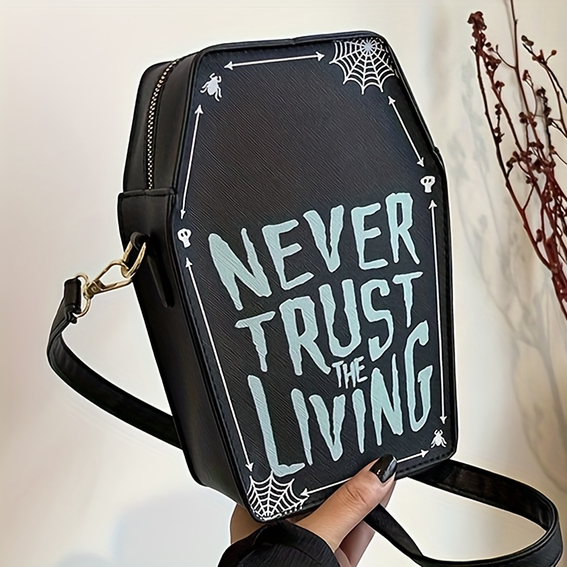 Halloween Spider Web Letter Print Coffin-shaped Handbag, Trendy Lightweight Wo 's Shoulder And Handbag For Casual Shopping & Commuting - Mini
