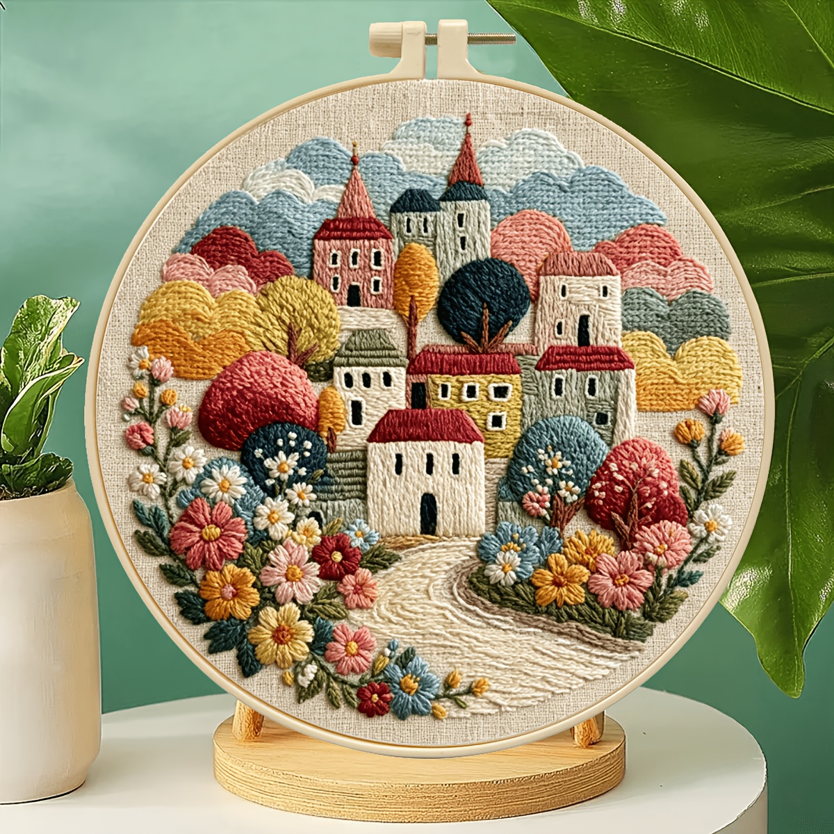 TEMU 1 Set Embroidery Kit, Floral Handcraft Material Pack, Beginner Full Tool Set, Scenery Home Decor Stress Relief Handmade Hanging Painting