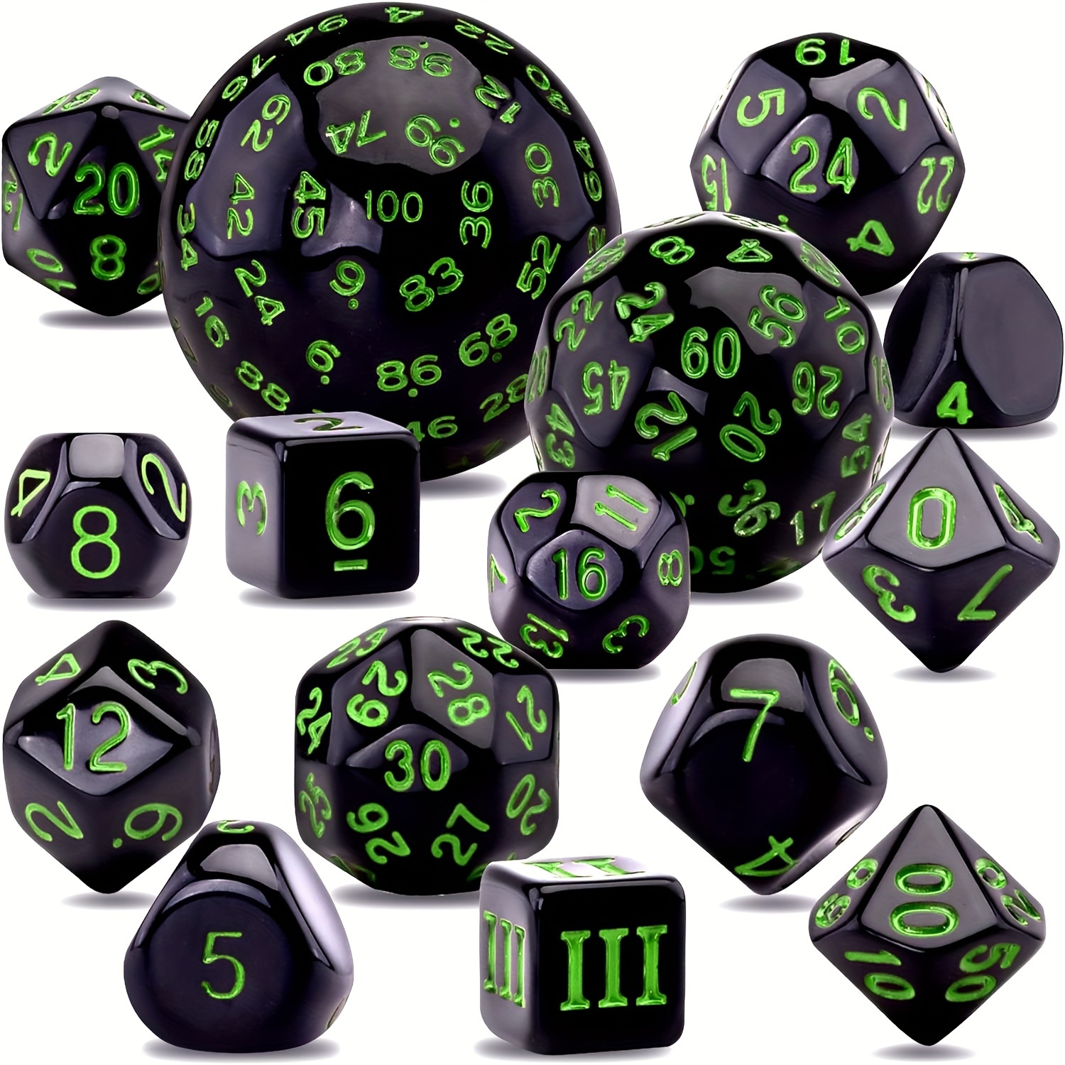 

Esanda Premium Dnd Polyhedral Dice Set - 15 Piece, Easy-to-read Numbers, Durable Acrylic, Includes Drawstring Bag - Perfect For & Roleplaying Games, Black & Green