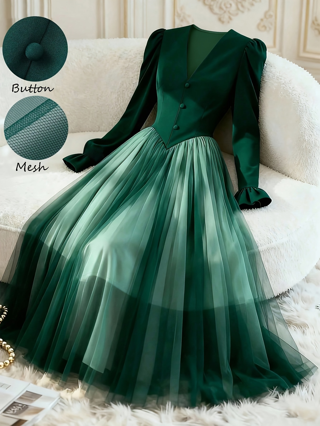 temu semi formal dresses Women'S Autumn Winter Elegant Retro A-Line Dress, Fitted Corset Bodice with Elegant V-Neck And Edge-Trimmed Buttons * Sheer Mesh Pleated Skirt, Perfect of Luxurious And *. Suitable for Parties, temu evening dresses