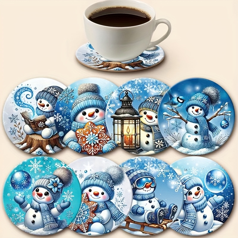 TEMU 8pcs Snowman Coasters From And , A Blue And For Your Dining Table, With Warm Winter Decor Featuring Glow 2d Flat