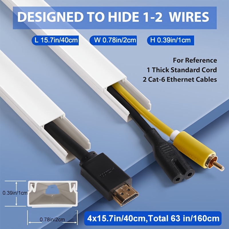 Image of 4pcs Stylish White Painted Wall Cable Hiders - 63 Inch Home Office Cable , Suitable For Mini Cables, Tv Cable Hiders, Cable Management Kits, Durable Plastic, 4 X 15.7 Inches Long