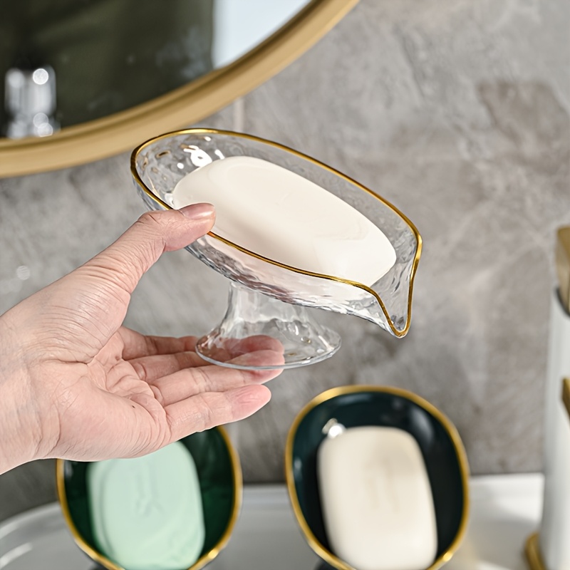 Golden-Edged Transparent Soap Dish with Slanted Drainage