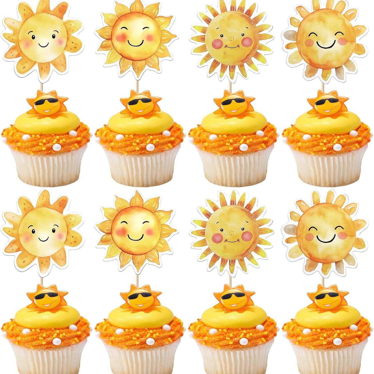 Image of 12pcs Sun Cupcake Toppers - Sun Flower Sunshine Cupcake Picks Decorations For Summer Theme Baby Shower Birthday Party Cake Decorations