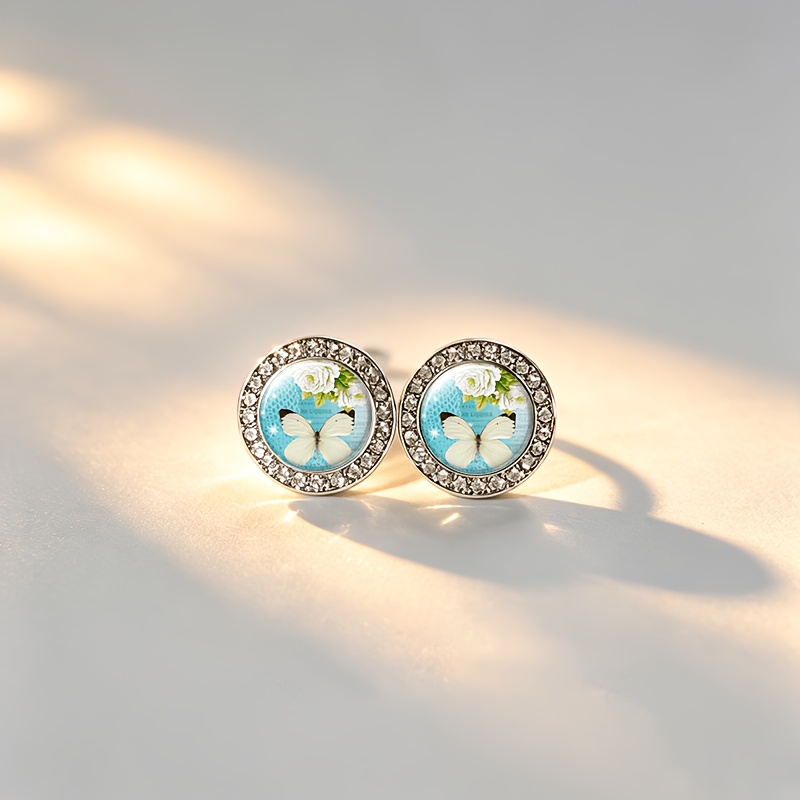 2pcs White Glass Classic Imitation Crystal Butterfly Stud Earrings