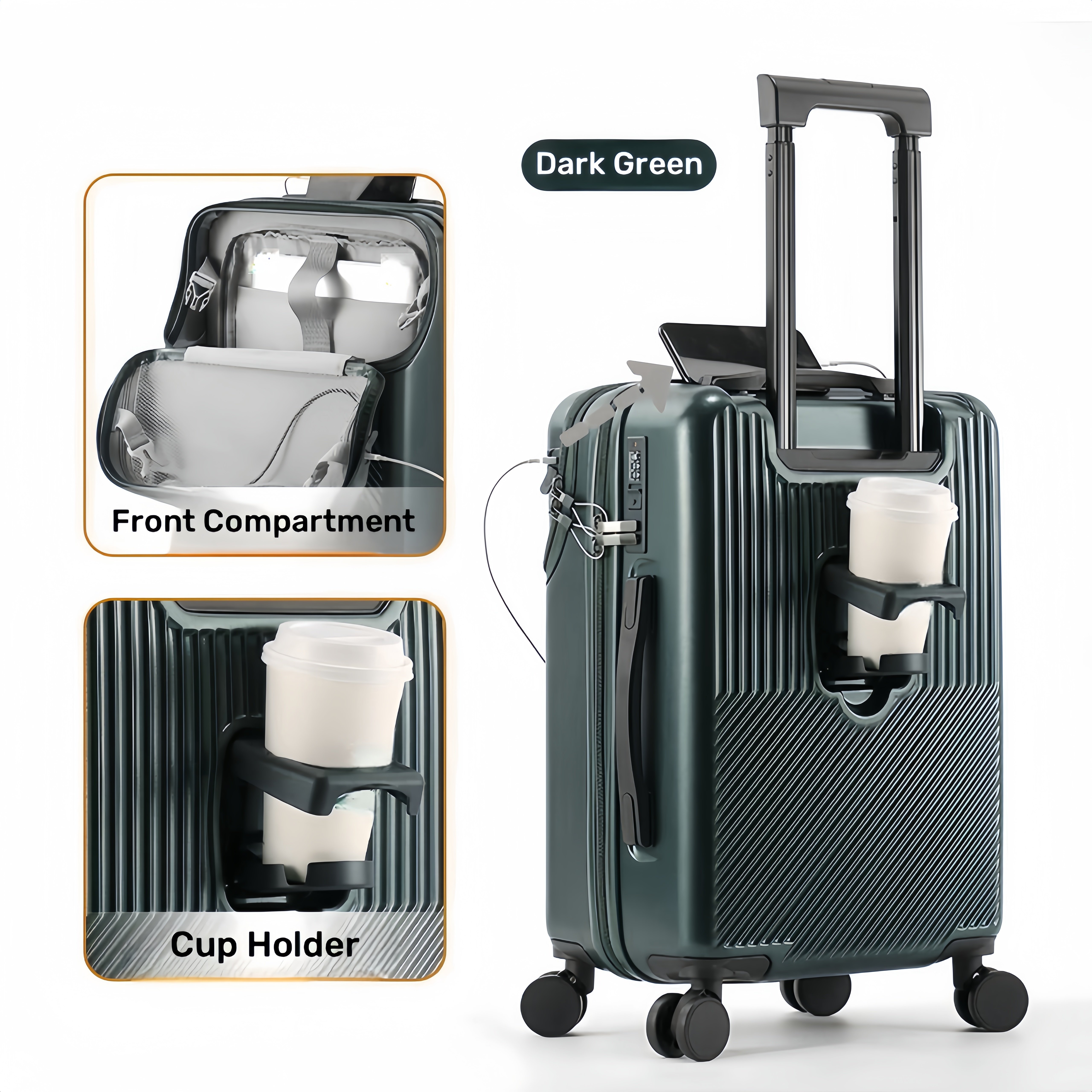 TEMU 1pc /24/26 Inch Carry On Front Open Luggage, Abs+pc Suitcase, Travel Functional Boarding Case With Double Spinner Wheels, Lightweight Rolling