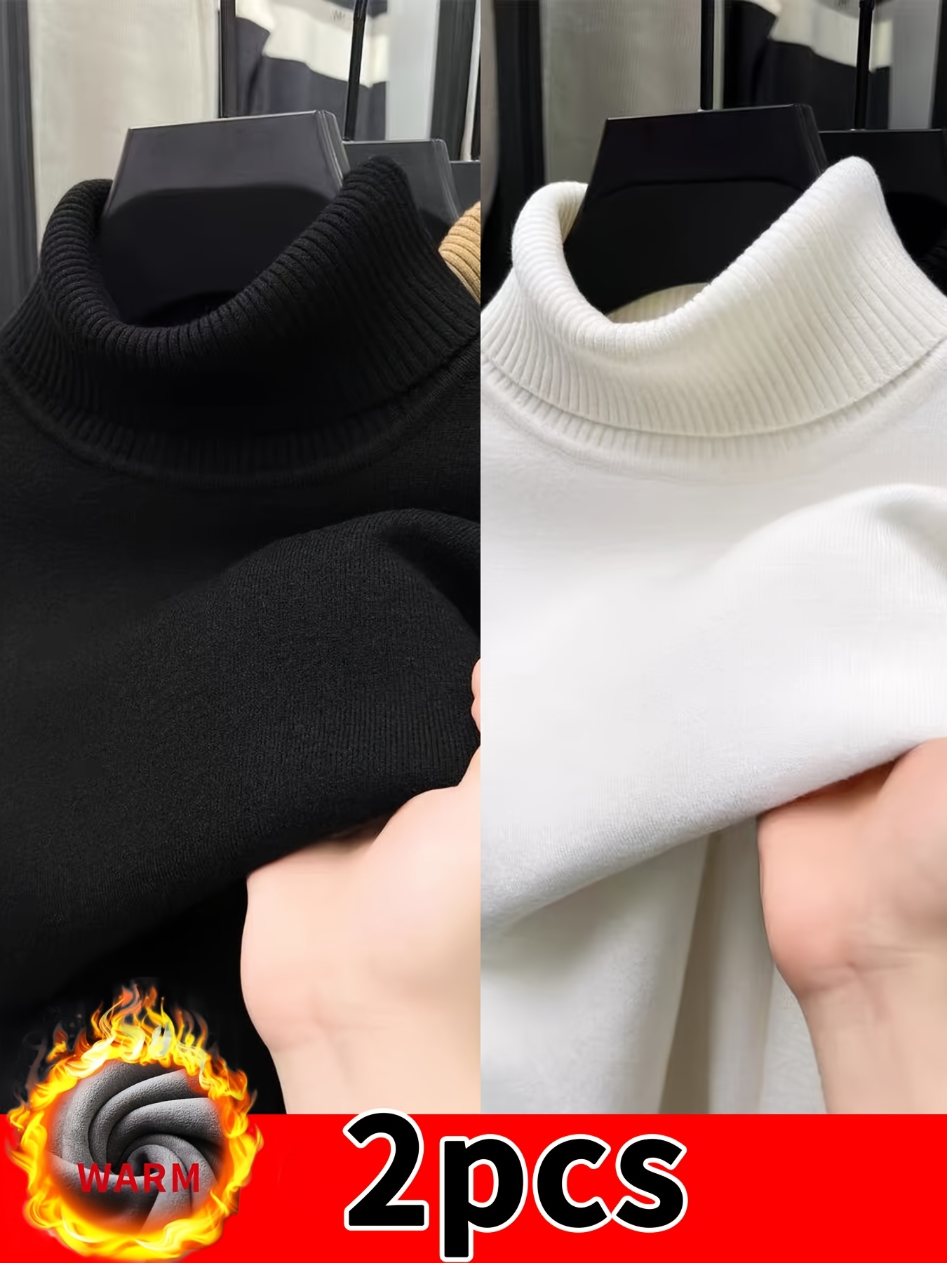 Artikelbild gefütterter winterpullover - dicker strickpullover mit   kragen, einfarbige warme oberbekleidung für ausflüge, handwaschbare wetterjacken (ohne gürtel,   stil) (2er-pack)