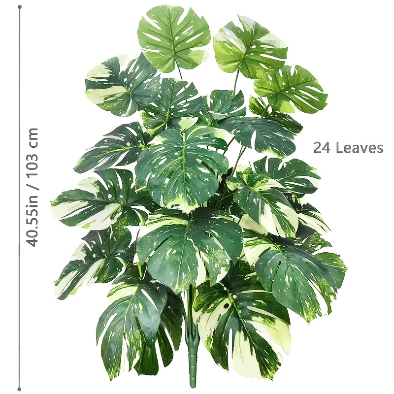 Image of 1pc 24-leaf Large Artificial Monstera Plant With White And Green Variegation - Realistic Plastic Fake Palm Tree For Home, Garden, And Room Decor - For Christmas, Easter, Thanksgiving, And Display
