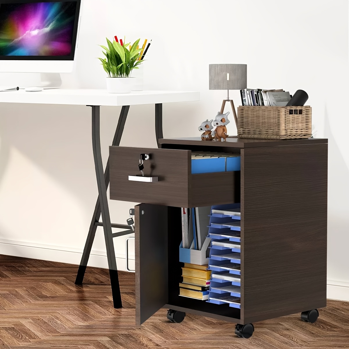 

60cm Mobile File Cabinet Storage Cabinet W/drawer And Door, Metal Handles For Office Home Organiser Mobile Printer