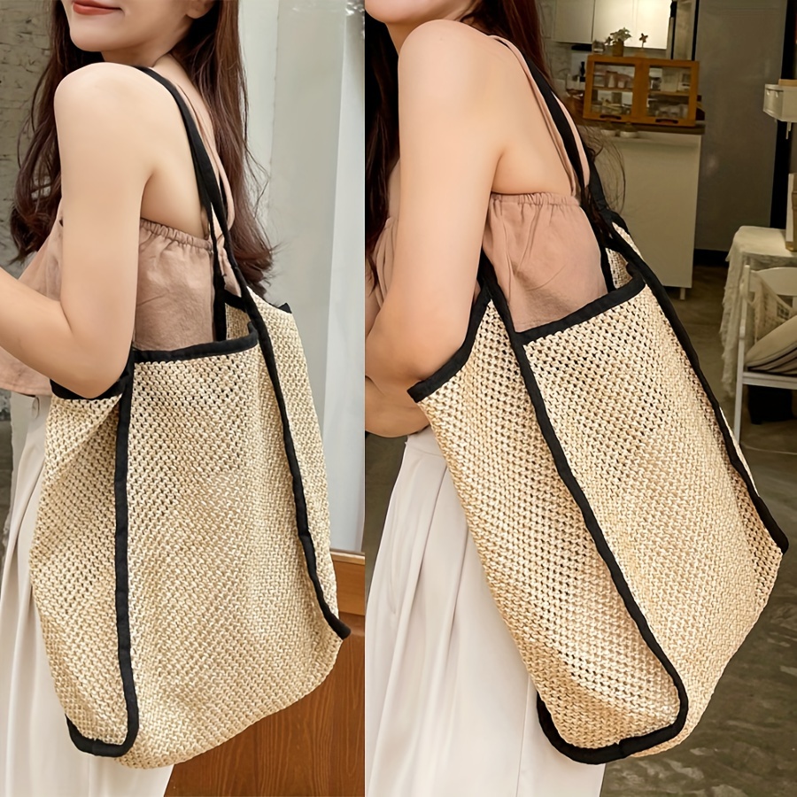 

Casual Woven Tote Bag Large Capacity Polyester No-closure Shoulder Bag With Edge Trim - Stylish Khaki Handbag From Guangzhou