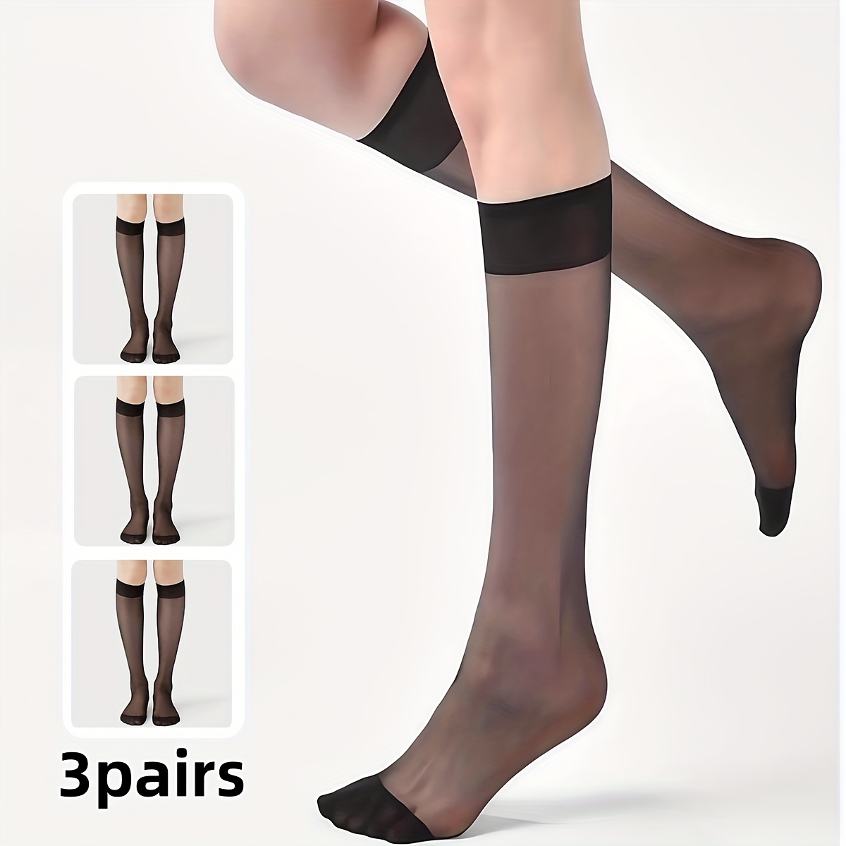 TEMU 3-pair Women's Black Sheer Thigh-high Socks, Spring/summer Ultra-thin Jk Style Below-the-knee Socks, Pairing With Sailor Suits And Skirts