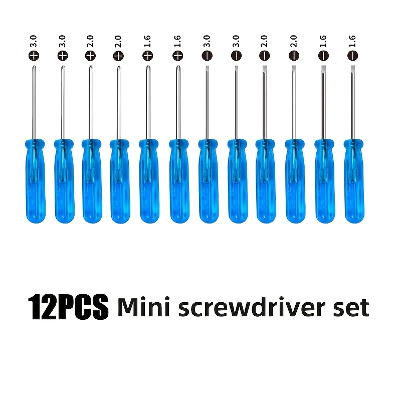 TEMU 12-tlg. 4,5 cm blaues Mini-Schraubendreher-Set, 1,6, 2,0, 3,0 mm, Kreuz- Schlitzkopf, für Spielzeug- Uhrenreparaturwerkzeuge