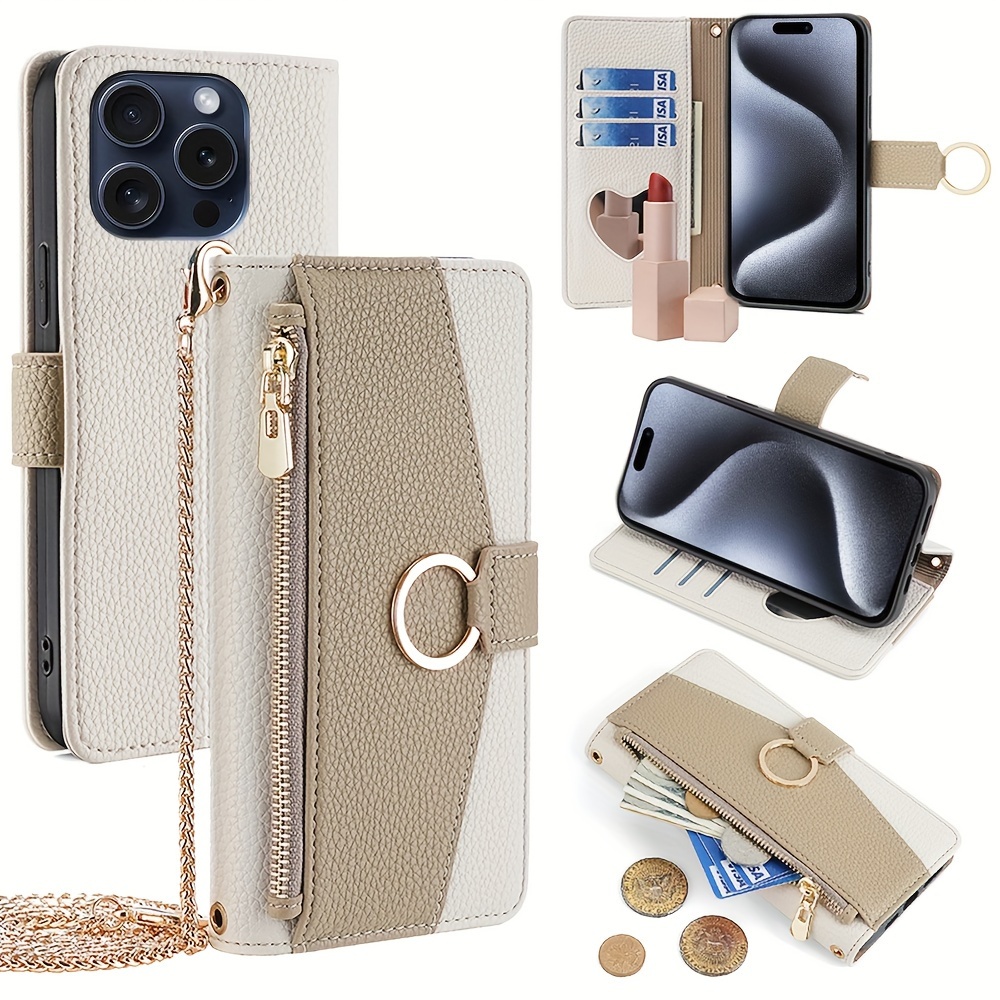 

For Iphone 15 16 Pro + 15 16 Pro Max Zipper Wallet Phone Case Crossbody Wallet Card Insertion Bring A Makeup Mirror With Phone Case