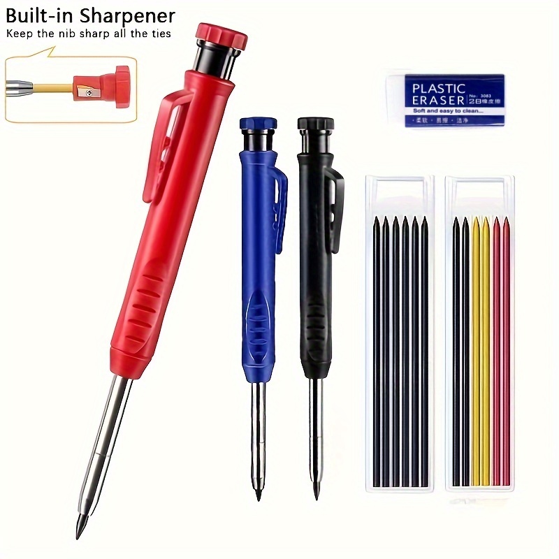 

3pcs/set Solid Carpenter Pencil With Refill Leads Built-in Sharpener For Deep Hole Mechanical Pencil 2.8mm Art Marking Woodworking Tools (1pencil+1box Lead Cores +1eraser)