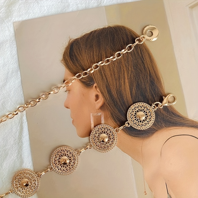 boho hollow round metal waist chain belt adjustable golden  display picture 1