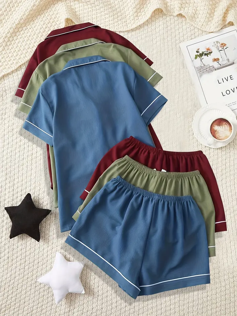 three piece pajama set for women with a collar short sleeves and shorts featuring a heart for wear Product details 1