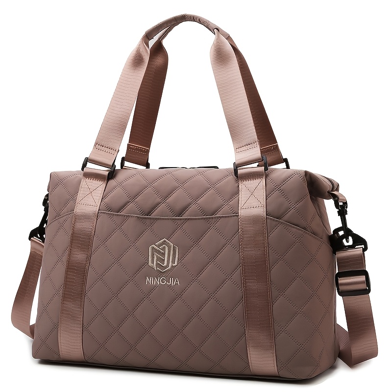 Large Capacity Quilted Travel Duffel Bag With Rhombus Pattern, Solid Color Overnight Carry-on Tote With Multiple Storage Pockets