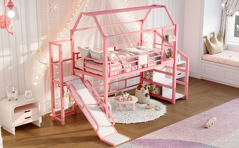 BELLEMAVE 2-1 Twin Loft Bed with Slide And Stairs, Metal Playhouse Bed with Storage Shelves, House-shaped Loft Bed And Noise-free Design, Pink