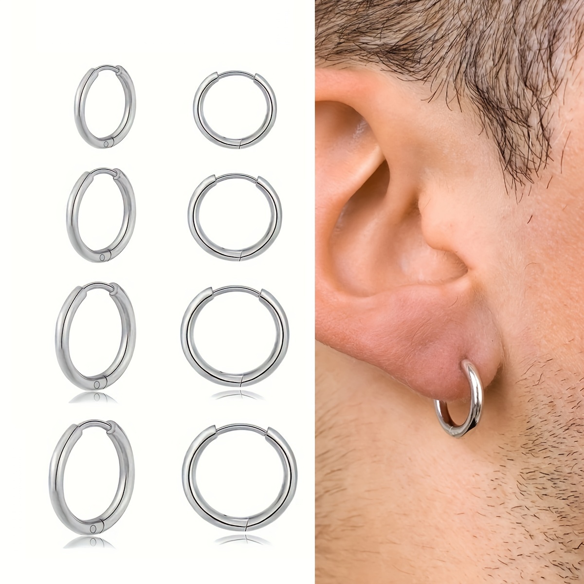 TEMU Stainless Steel Hoop Earrings For Men Minimalist Huggie Earrings Golden Silvery Black Hypoallergenic Small Hypoallergenic Earrings Hoop Cartilage Helix Hinged Sleeper Earrings 8mm 10mm 12mm 14mm