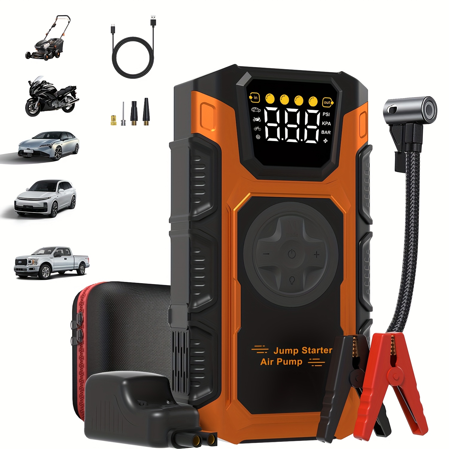 TEMU Démarreur de batterie de voiture , pack de batterie de démarrage avec compresseur d'air 8000A, booster de batterie, jump box, chargeur portable