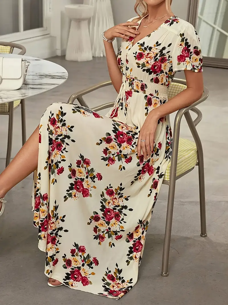 bohemian floral print maxi dress for women elegant v neck short sleeve a line silhouette lightweight viscose spring summer casual wear floral maxi dress Product details 9