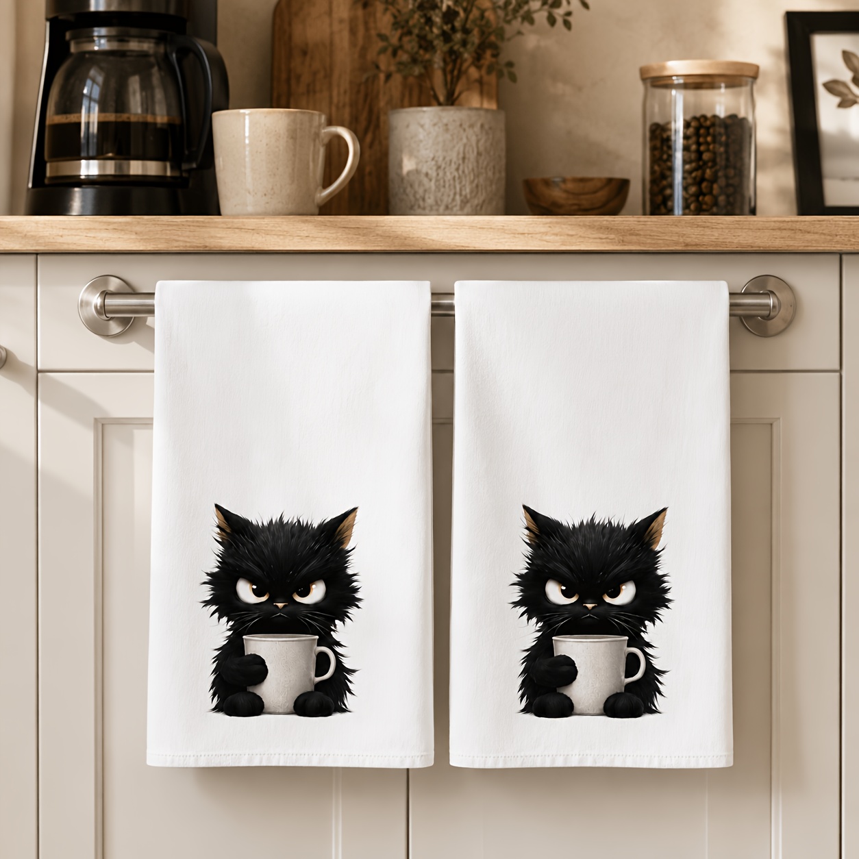 TEMU 2pcs Set Of Fluffy Angry Cup-hugging Little Black Cat Kitchen Cleaning Cloths, Absorbent Quick-drying Kitchen Decor Cleaning Cloths,