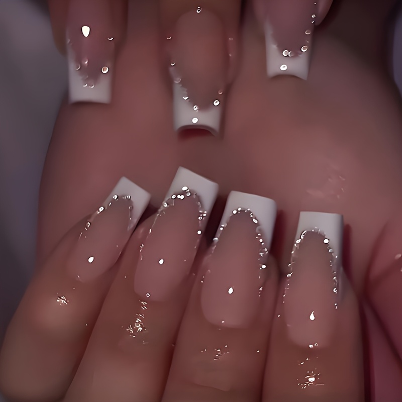 Image of 24pcs Long Square Press On Nails, Nude Pink With White Tip & Rhinestone Glitter Accents, Glossy Finish, Includes Jelly Glue, Reusable False Nails For Women Elegant Party Wear
