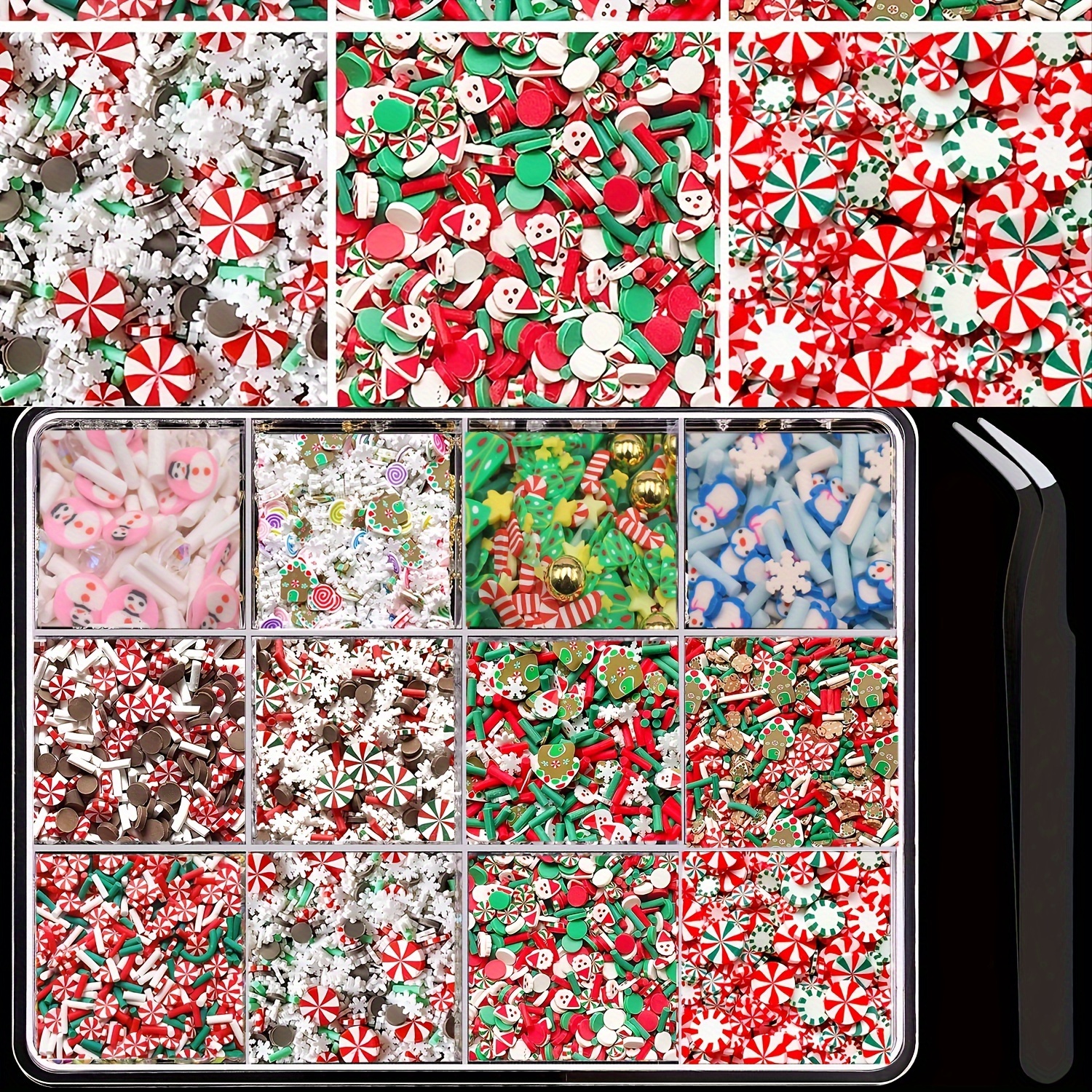 

120g Christmas Polymer Clay Slices Sprinkles Assortment In 12 Compartments For Nail Art, Diy Crafts, And Phone Decoration With Tweezers, Unscented