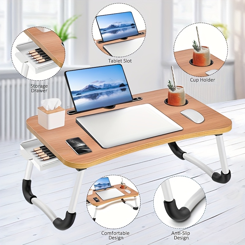 超大便携式笔记型电脑桌，附杯架和抽屉 - 多功能托盘架，适用于床、沙发、地板 - 坚固、耐用、可折叠设计 详情 4