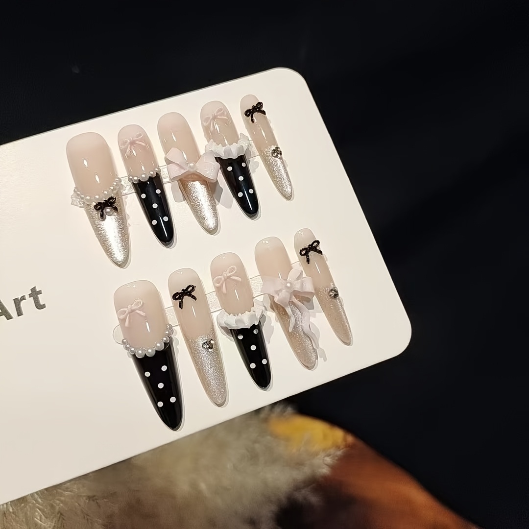 TEMU Sweet And , 10pcs Long Pointed Nails, Nude Silvery Sparkle Polka Dot Bow, Handmade Nails, Commuting To Work, Dating And Shopping, Light And