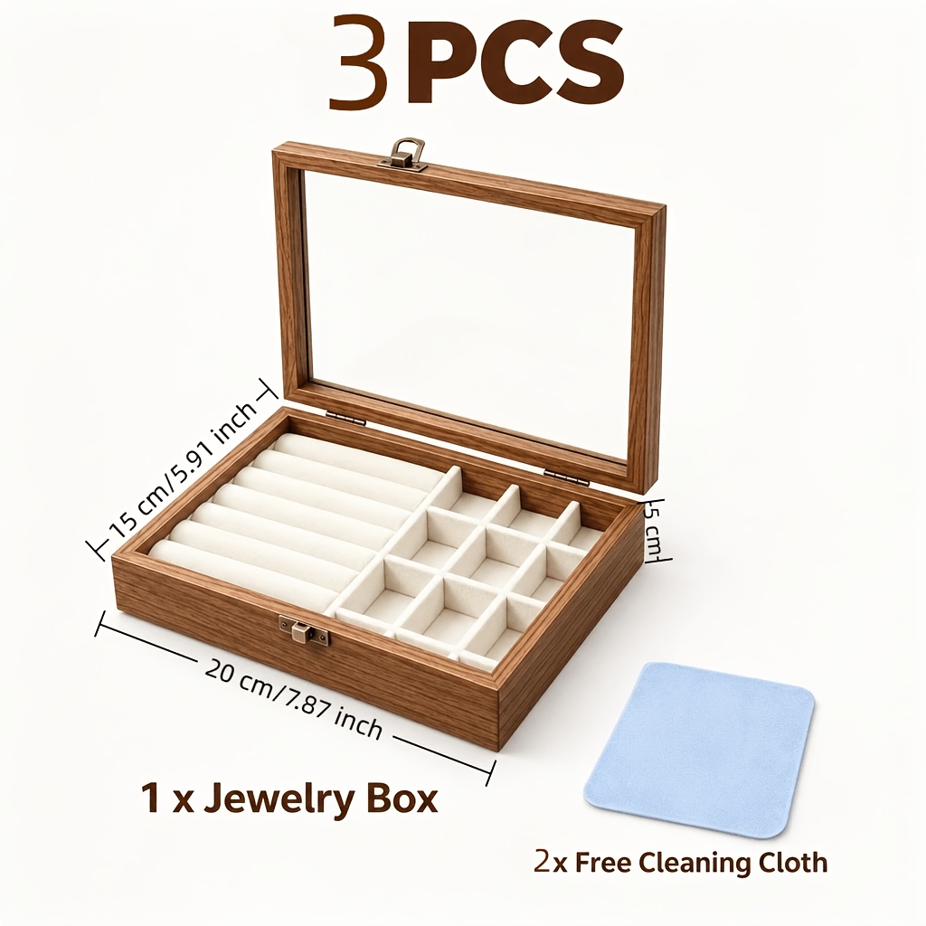Wooden Ring and Earring Storage Box with Glass Lid