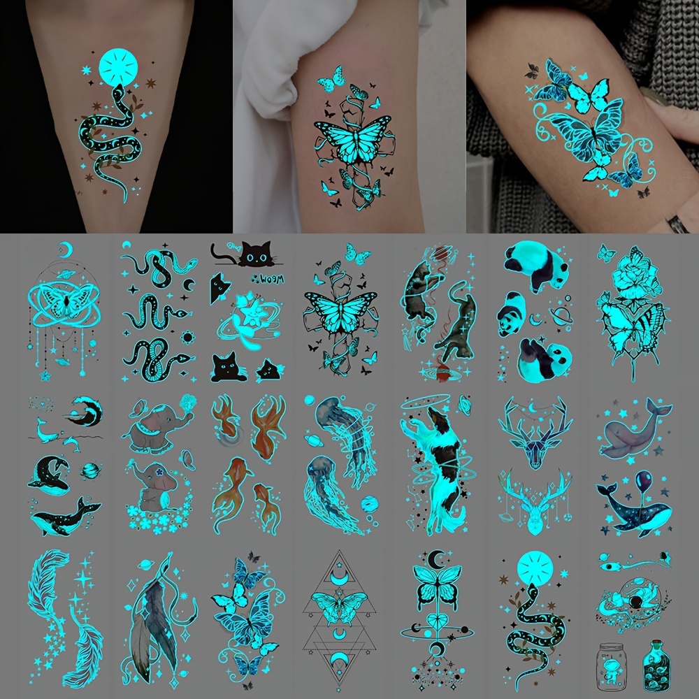 

24pcs Blue Glow Waterproof Temporary Tattoo Stickers Snake Butterfly Elephant Panda Dolphin Deer Jellyfish Animal Feather Flash Tatto Women Men Arm Fake Tattoos