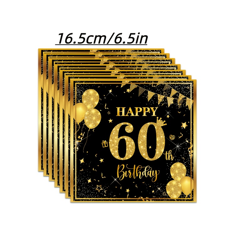 E-shop 20 Stück "Happy 60th Birthday Party" Servietten, Schwarz Goldene 60. Geburtstagsdekorationen, "Cheers" für Männer und Frauen zum 60. Geburtstag,