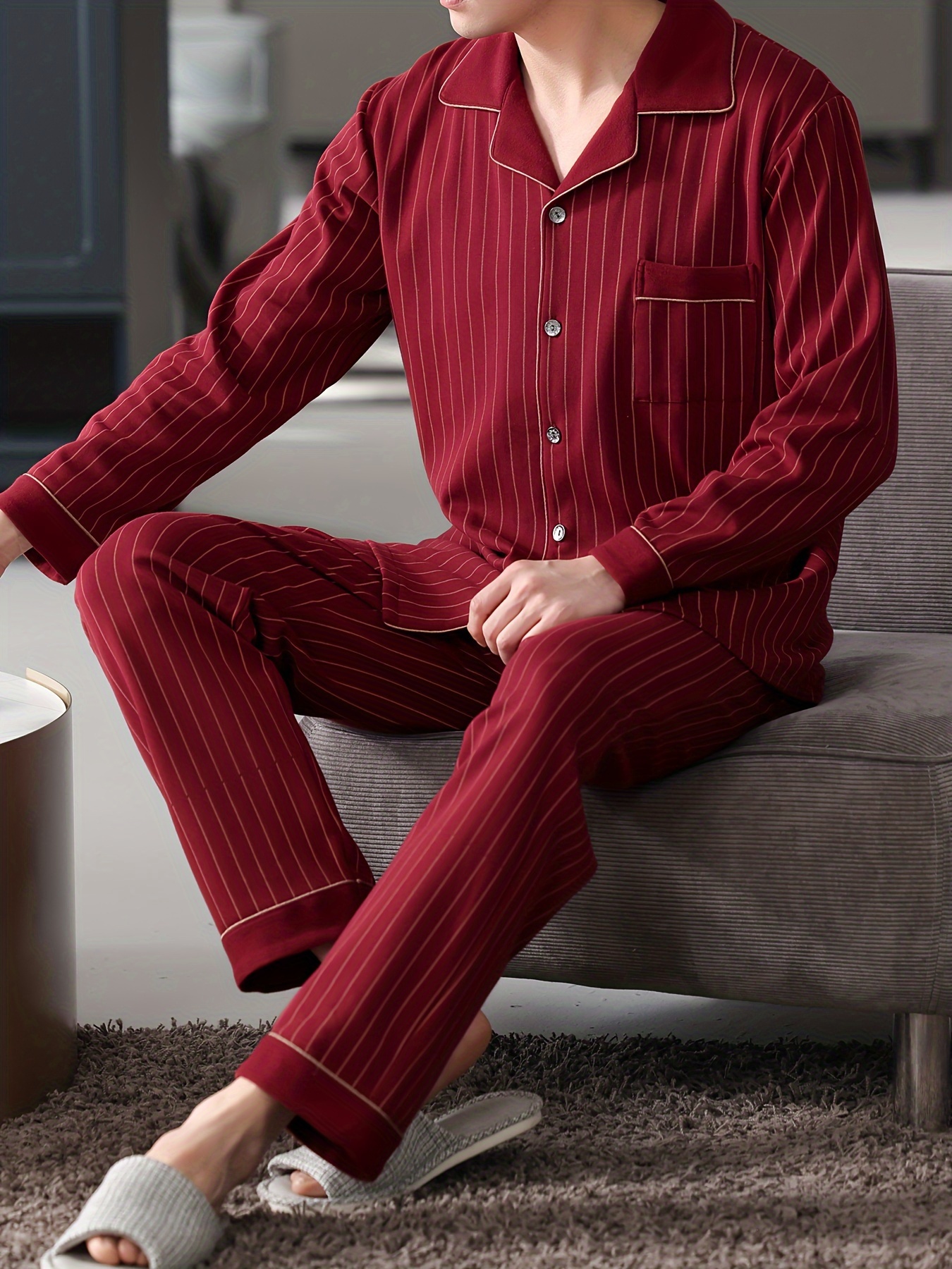 100% Cotton Men'S Pajama Set - Casual Lapel Collar Long Sleeve Sleepwear with Pockets, Striped Slight Stretch Knit Fabric, Loose Fit Lounge Sets for Spring/Fall
