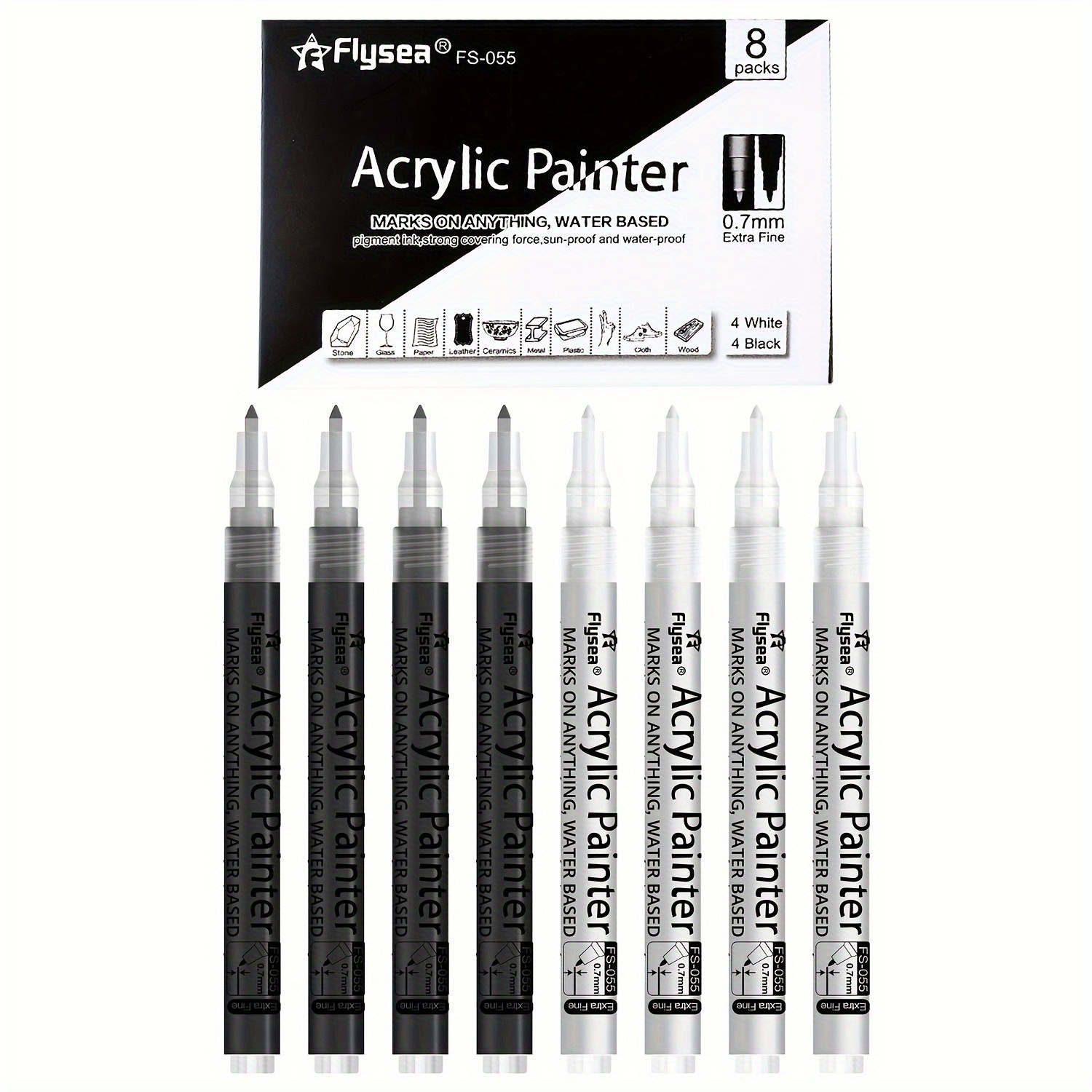 Image of 8pcs Acrylic Paint Markers, 0.7mm Extra Fine Tip Acrylic Marker Pens, For Multi-surface Use, Professional Art Set-4 Black And 4 White