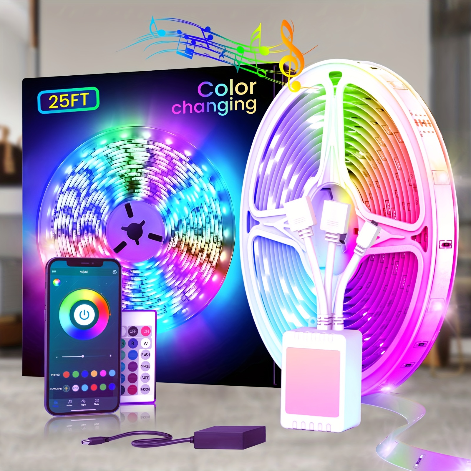 

Led Strip Lights For Bedroom (25/100/130ft) Music Sync Color Changing, Rgb Color Changing, Led Strip Lights With 24-key Remote And App Control, Light Strip For Home Party Room Decoration