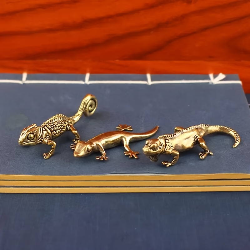 TEMU 3pcs Pure Brass Lizard Chameleon Four-legged Retro Old Objects Home Decoration Tea Pet Desktop Crafts Copper Ornaments