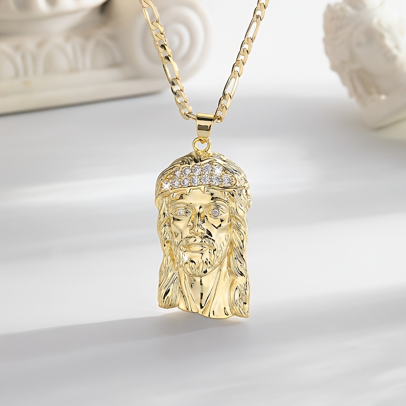 TEMU Fashionable Hip Hop Head Charm Pendant Necklace For Men, 14k Golden Plated 3a Cubic Zirconiaia Exquisite Jewelry, Gift For