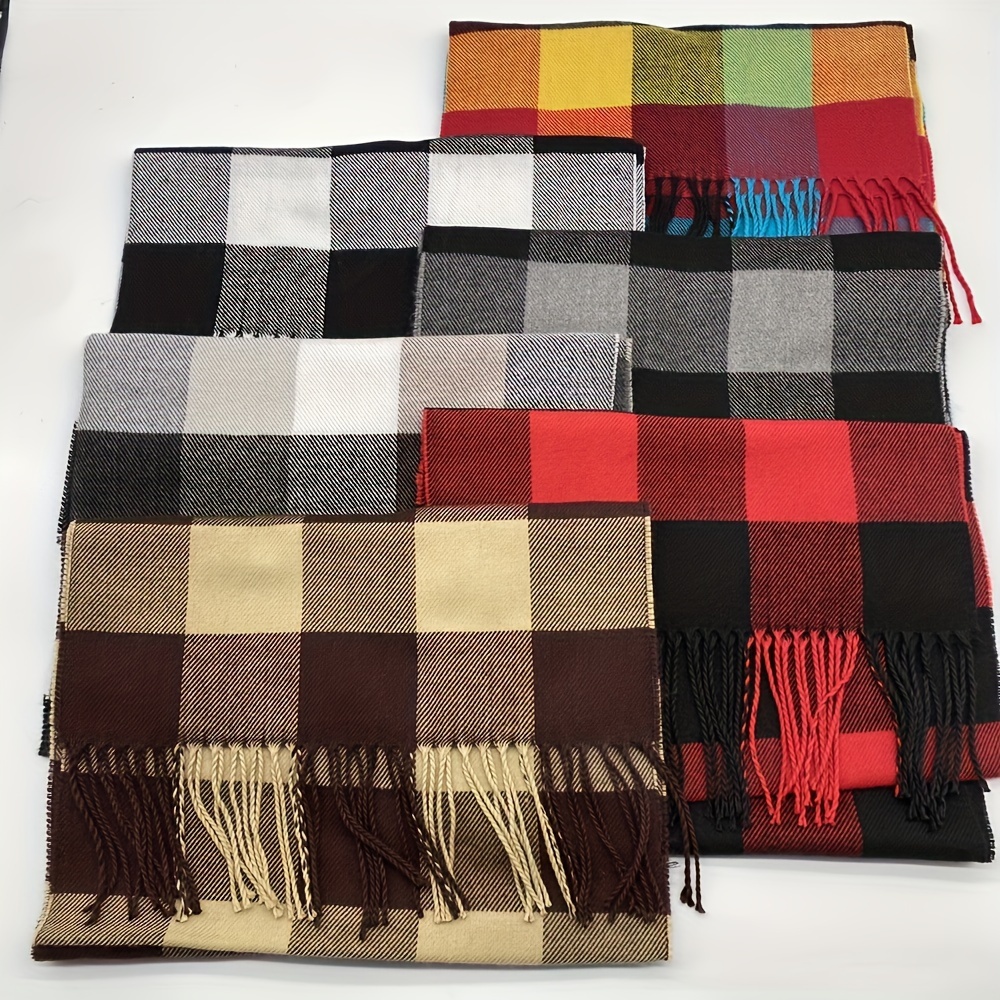 

1pc Cozy Scarf For Men And Women - Soft Polyester Checkered Shawl With Tassels, Vintage Style, Warm Autumn/ Accessory In Multiple Colors (black, White, Gray, , Brown, Red)