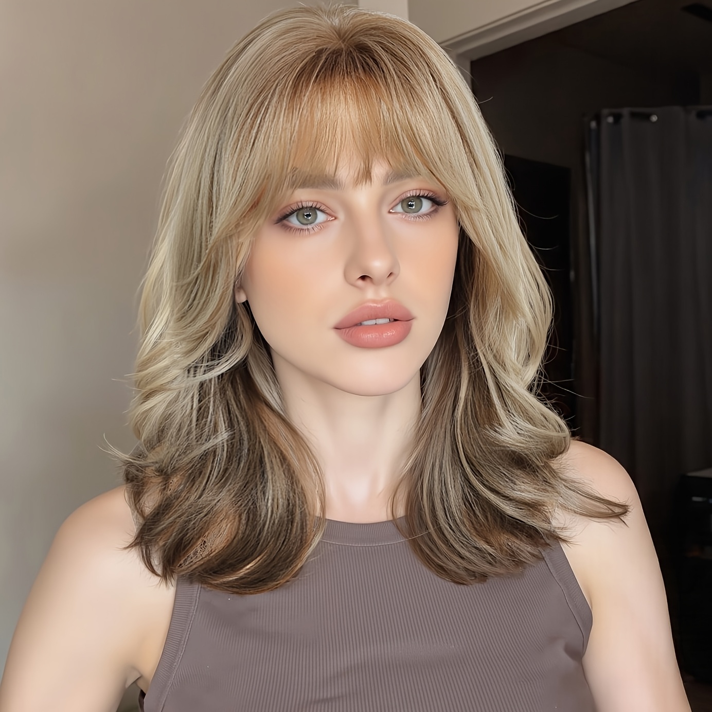 24-inch Women's -looking Curly Synthetic Wig With Bangs & - -resistant Fiber, Gradient Color For Volume/length, Suitable For Parties, Weddings, Daily Wear