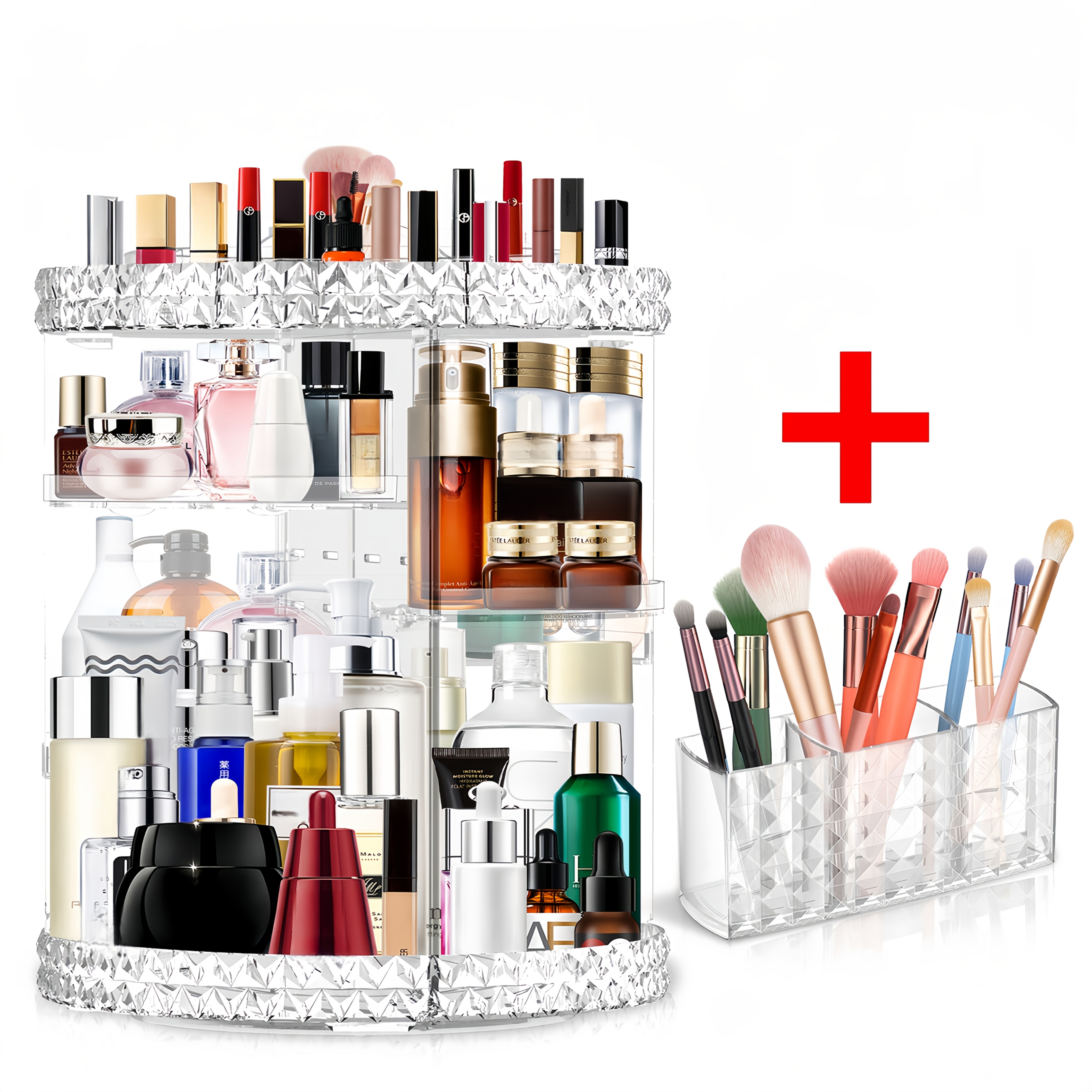 

360 Rotating Dresser Makeup Organiser + Cosmetic Brush Holder, Perfume Organiser With 6 Diy Adjustable , Large Capacity Skincare Organiser, Makeup Organiser For Bedroom, Dressing Table