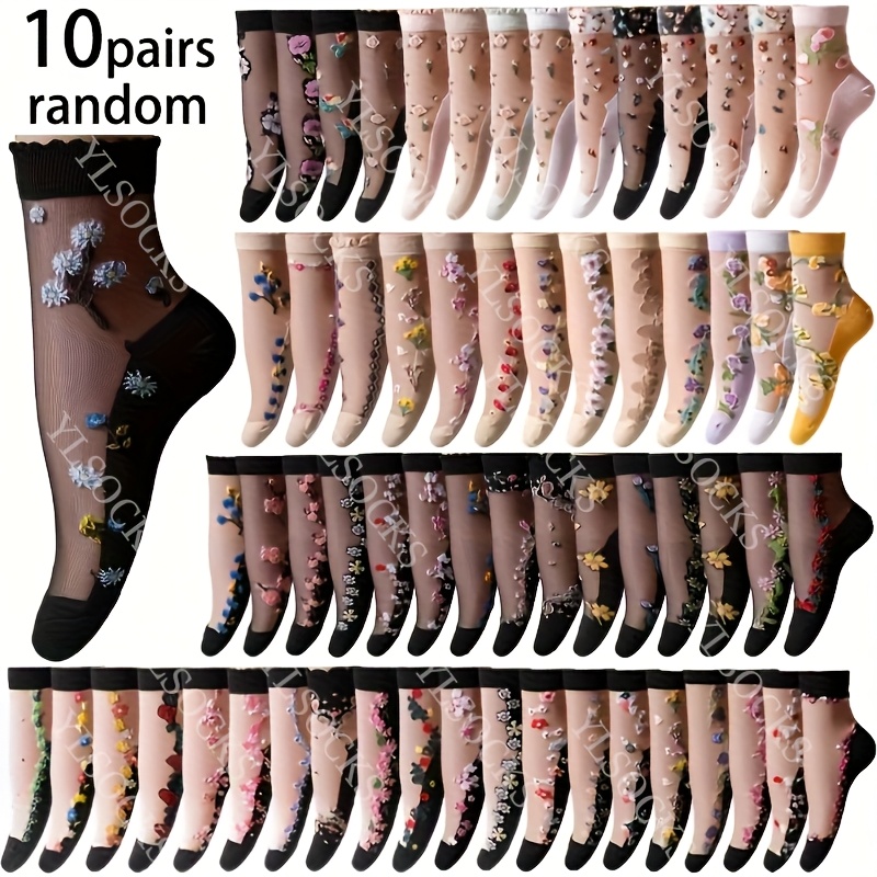 TEMU Random 10/20 Pairs Of Women's Lace Floral Printed Socks, Soft, Comfortable, Breathable, And Moisture-wicking, Mid-calf Length