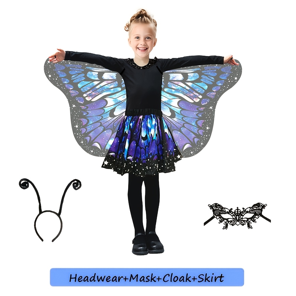 Image of 4pcs Girls Cape And Skirt Set With Mask And Headband, Perfect For Halloween Costume, Role Play, , Easter, School Performance, Masquerade, Birthday, Carnival Etc. Costume