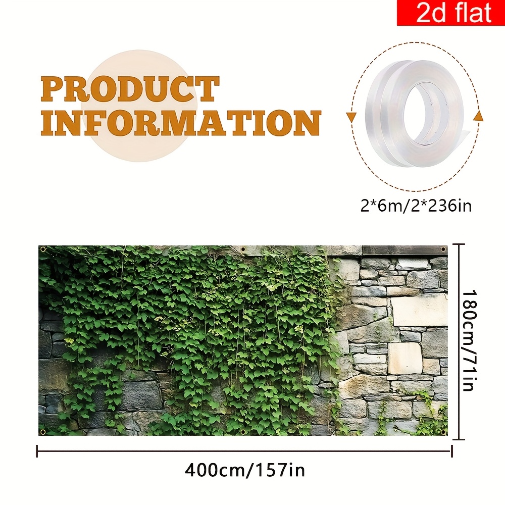 TEMU 2d Door Banner, 2d Flat Banner, 1pc Green Vine Stone Wall Garage Door Banner, Polyester, Bright And Durable, Welcome Spring Large Mural Party