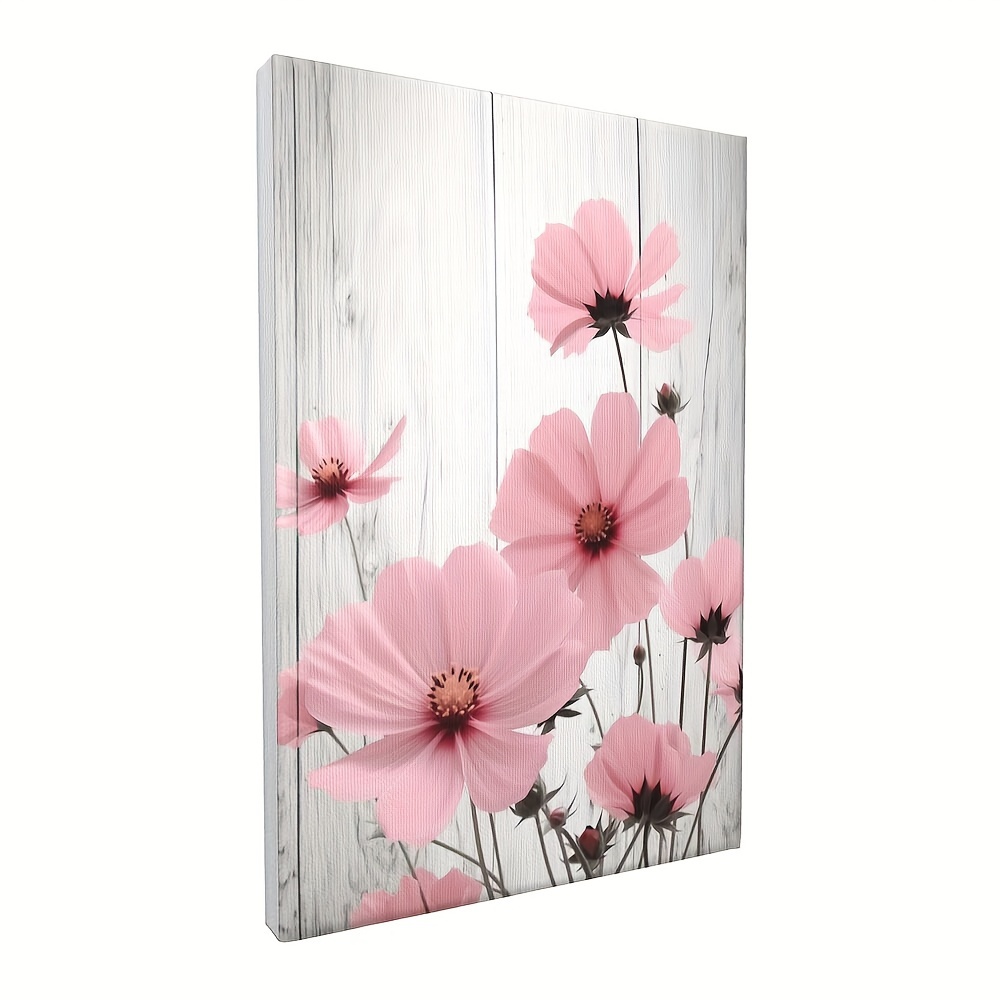 

1pc Pink Flowers Canvas Wall Art Pink And Grey Rustic Pink Daisy Flower Painting Prints For Bathroom Bedroom Girls Room Decor 12x18inch, No Frame