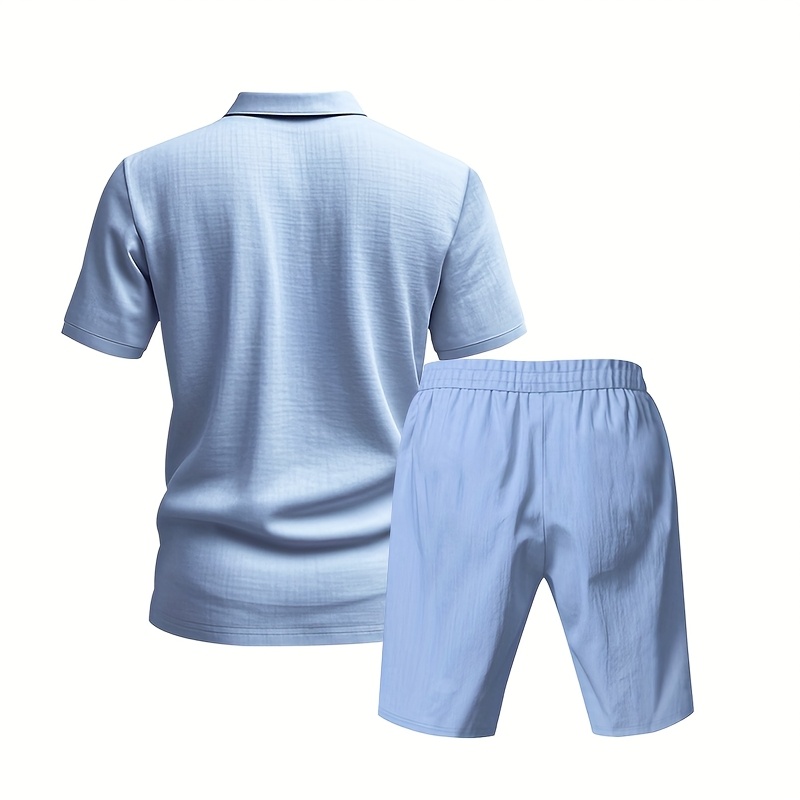 Men's Linen Short Sleeve Shorts Set, Summer Outdoor Sports Casual Breathable Short Sleeve Shirt with Shorts