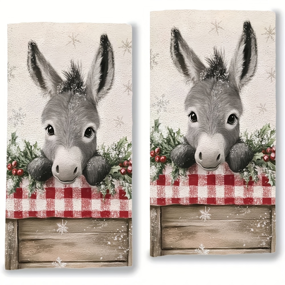 2pcs Festive Donkey Kitchen Towels - Ultra Soft, Absorbent Polyester Dish Hand Towels, Christmas Style With Snowflakes & Holly, Machine Washable, 16x24 Inch, Dish Towels
