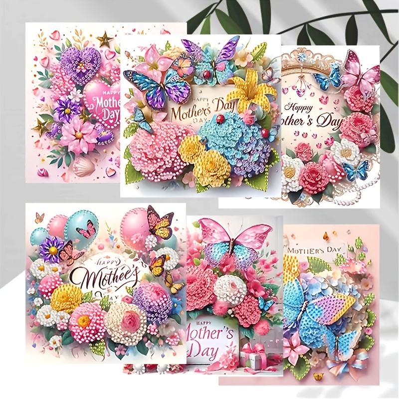 TEMU 6pcs Diamond Painting Greeting Card Set, Includes 6 Envelopes, Diamond Bags, And Tools -- For The Best Mother On Mother's Day, With Pattern